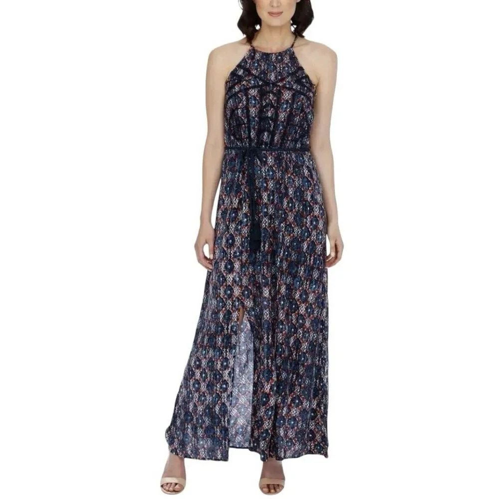 Lucky Brand Blue Maxi Dress Small Front Slits High Neck Boho Western Tie Waist